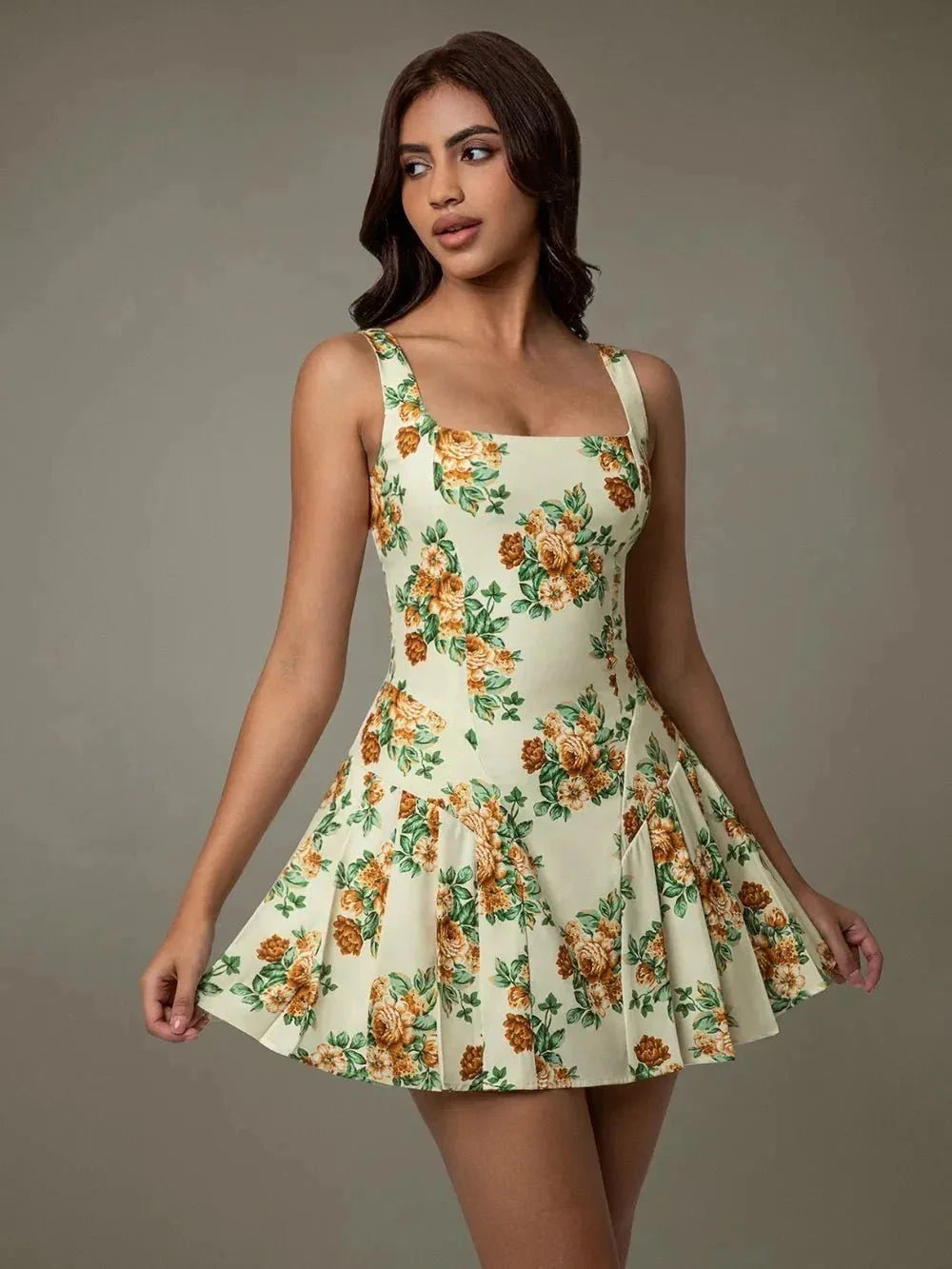 Floral Sleeveless Mini Pleated Dress - VILLA FASHION